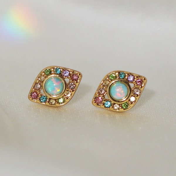 Evil Eye Earrings - Opal, Gold, & Pastel Pave Crystal Stud Earrings - Dainty Earrings - Evil Eye Jewelry -Boho Earrings - Wildflower + Co.