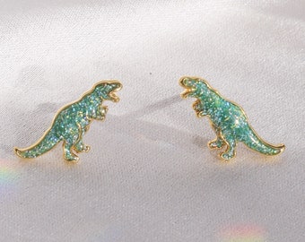 Dinosaur Earrings | Dinosaur Stud Earrings | Green Aesthetic Earrings | Mint Glitter & Gold T-Rex Dino | Cute Earrings | Jewelry Gift