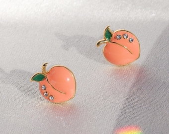 Peach Earrings | Peach Stud Earrings | Aesthetic Earrings | Dainty Pave Crystal, Enamel & Gold Studs | Cute Earrings | Fun Earrings | Gift