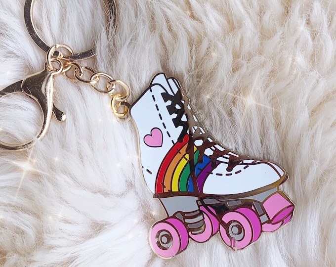 Roller Skate Keychain - Roller Derby - Roller Disco - Rainbow Pride Enamel Keychains - Bag Charm - Key Ring - 80s Retro Keychains