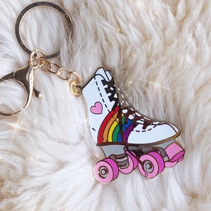 Roller Skate Keychain - Roller Derby - Roller Disco - Rainbow Pride Enamel Keychains - Bag Charm - Key Ring - 80s Retro Keychains