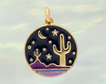 Desert Charm Pendant - Free Spirit Cactus Moon Stars - Scenic Southwest Wanderlust - Gold & Enamel - Wildflower + Co. Charm Jewelry