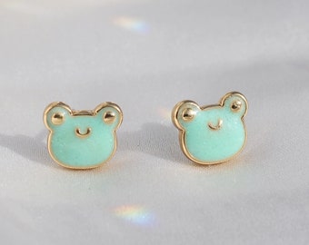 Frog Earrings | Frog Stud Earrings | Cottagecore Aesthetic | Cute Earrings | Mint Green Glitter & Gold | Gift | Wildflower + Co. Jewelry