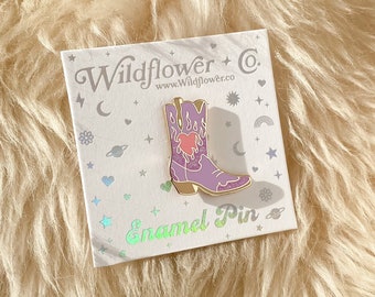 Burning Love Cowgirl Boot Pin - Pink Lilac & White - Cowgirl Boot Pin - Cowboy Boot - Hard Enamel Pins - Cute Gifts - Flame Heart - Southern