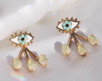 Evil Eye Earrings w/ Teardrop Ear Jackets | Aesthetic Earrings | Opal / Opalescent & Gold | Weird Earrings | Jewelry Gift