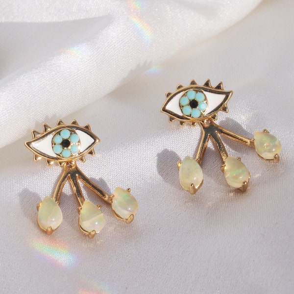 Evil Eye Earrings w/ Teardrop Ear Jackets | Aesthetic Earrings | Opal / Opalescent & Gold | Weird Earrings | Jewelry Gift