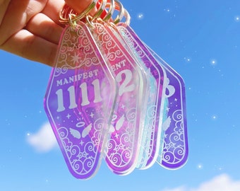 Angel Number Motel Keychain 1111 222 444 777 888 - Manifest Protection Balance Lucky Alignment - Aura Holographic Aesthetic Keychains