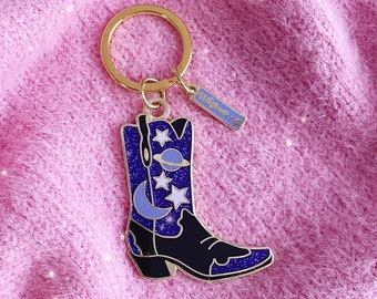 Celestial Cowgirl Boot Enamel Keychain - Cowgirl Boot Keychain - Cowboy Boot - Bag Charm - Hard Enamel Keychains - Gifts - Planets - Stars