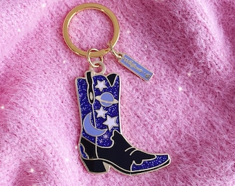 Celestial Cowgirl Boot Enamel Keychain - Cowgirl Boot Keychain - Cowboy Boot - Bag Charm - Hard Enamel Keychains - Gifts - Planets - Stars