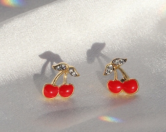 Cherry Earrings | Cherry Stud Earrings | Cute Earrings | Aesthetic Earrings | Gold & Red Enamel Cherries | Wildflower + Co. | Gift