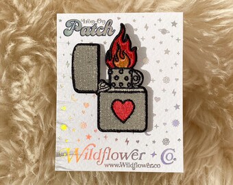 Lighter Patch - Iron on Patch - Embroidered Patches for Jackets - Girlycore Aesthetic - Zippo Lighter Patch - Flame Heart - Valentine's Day