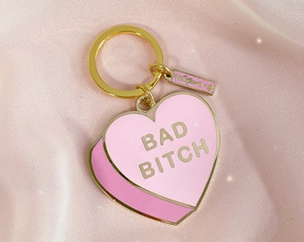 Bad Bitch Heart Candy Enamel Keychain - Bad Bitch Keychain - Cute Pink Heart Shaped Bag Charm - Hard Enamel Keychains - Feminist Cute Gifts