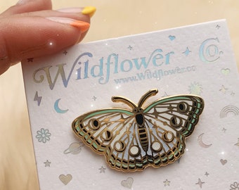 Lunar Moth Enamel Pin - Luna Butterfly Enamel Pin - Moth - Moon Phases, Stars, White Glitter, Aqua & Gold Hard Enamel Pin - Wildflower + Co.