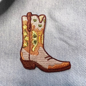 Cowgirl Boot Patch - Cute Southwest - Western - Southern Embroidered Patches - Tan with Butterfly - Cottagecore - Daisies - Wildflower + Co.