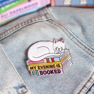 My Evening is Booked Patch | Bookish Embroidered Iron on Patches | Book Patch | Cute Book Lover Gift | Gifts for Cat Lovers - Wildflower Co