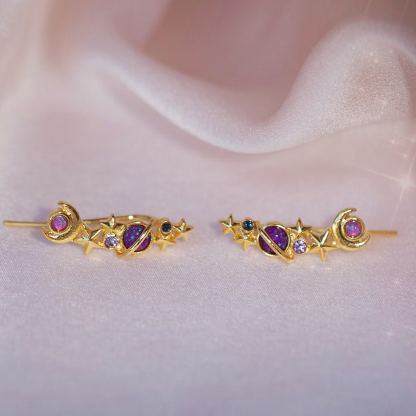 Galaxy Earrings - Gold Purple Opal Earrings - Celestial Moon Star & Planet Space Jewelry - Climber Crawler Earrings - Wildflower + Co. Gifts