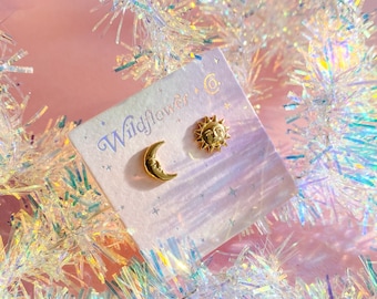 Sun & Moon Stud Earrings - Moon Earrings - Sun Earrings - Celestial - Dainty Gold Earrings - Jewelry Gift - Accessories - Wildflower + Co