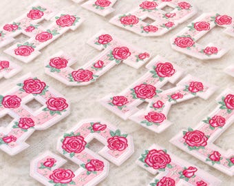 May include: White embroidered fabric letters with pink rose floral designs. The letters are outlined in white and have a pink striped background. The roses are in various sizes and shades of pink.