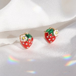 Strawberry Earrings - Cute Stud Earrings - Red Enamel, Gold, & Tiny Crystals - Cottagecore - Valentines Day Gift - Wildflower + Co. Jewelry
