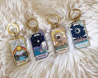 Tarot Card Keychain - Moon Sun Star Strength - Enamel Keychain / Key Chain / Bag Charm - Wildflower + Co. - Tarot Keychain - Celestial