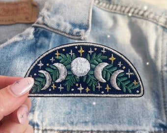 Moon Phases Patch - Iron On Embroidered Patches for Jackets - Celestial Magical - Navy & Metallic - Moon Patch - Cute Gift - Wildflower + Co