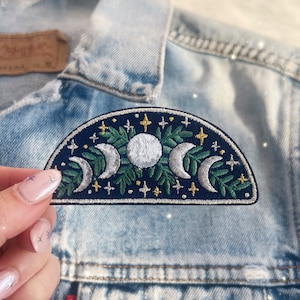 Moon Phases Patch - Iron On Embroidered Patches for Jackets - Celestial Magical - Navy & Metallic - Moon Patch - Cute Gift - Wildflower + Co