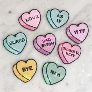 Candy Heart Patch Iron On Embroidered Applique As If Thank U Next Bad Bitch WTF Bored Nah Bye Love Pink Aqua Mint Yellow Lilac VSCO image 1