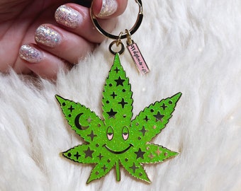 Stoner Keychain - Cute Stoner Gift for Her - Cute Enamel Keychain / Key Chain / Bag Charm - Glitter & Gold - Stoner Gifts - Wildflower + Co.