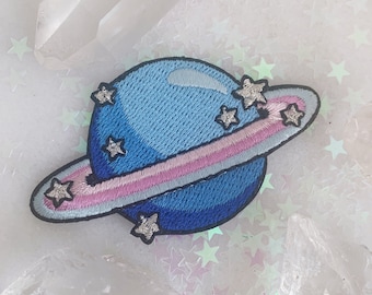 Planet Patch - Embroidered Patches for Jackets - Pastel & Metallic Silver - Saturn Space Cosmic - Wildflower + Co. DIY