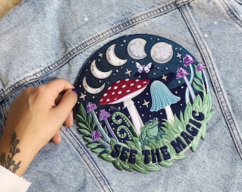 See the Magic Nature XL Back Patch - Frog, Mushroom, Moon Phases & Plants!  Iron On Embroidered Patch for Jackets + Cottagecore - Wildflower