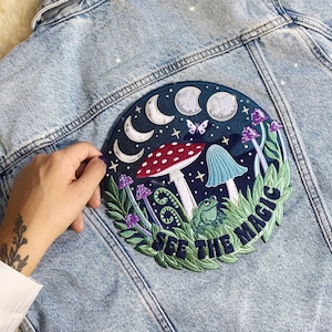 See the Magic Nature XL Back Patch - Frog, Mushroom, Moon Phases & Plants!  Iron On Embroidered Patch for Jackets + Cottagecore - Wildflower