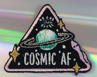 Cosmic AF Patch - Mystical Eye Triangle Serpent in Outer Space w/ Planet - Metallic Gold Silver Lilac & Black - Iron On Embroidered