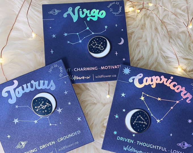 Zodiac Enamel Pin Constellation Moon Star Sign Capricorn Aquarius Pisces Aries Taurus Gemini Cancer Leo Virgo Libra Scorpio Sagittarius