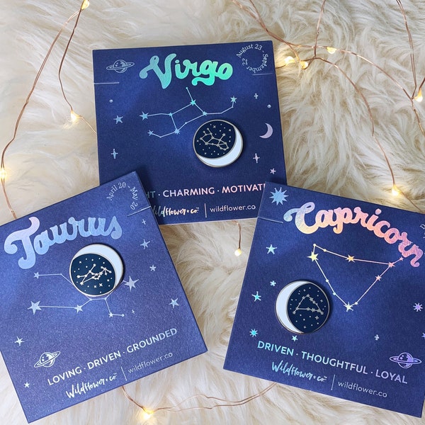 Zodiac Enamel Pin Constellation Moon Star Sign Capricorn Aquarius Pisces Aries Taurus Gemini Cancer Leo Virgo Libra Scorpio Sagittarius