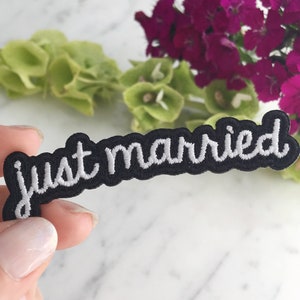 Just Married Patch - Iron-On - Embroidered Applique - Black & White -  Wedding - Bride - Bridal Party - Honeymoon - Wildflower + Co.