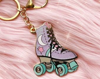 Roller Skate Keychain - Roller Derby - Roller Disco - Celestial, Lilac Glitter Enamel Keychains - Bag Charm - Key Ring - 80s Retro Keychains