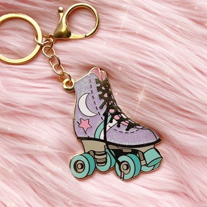 Roller Skate Keychain - Roller Derby - Roller Disco - Celestial, Lilac Glitter Enamel Keychains - Bag Charm - Key Ring - 80s Retro Keychains