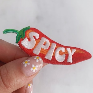 May include: Red and orange embroidered chili pepper patch with the word "Spicy" in white lettering.