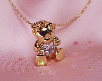 Teddy Bear Necklace - Cute Jewelry - Charm Necklace - Nostalgic - Angelcore Aesthetic - Dainty Crystal & Gold - Valentine's Day Gift