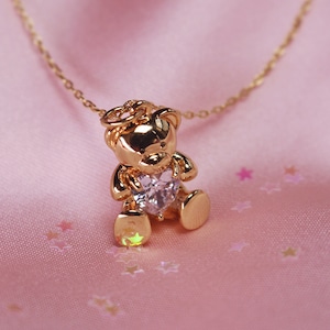 Teddy Bear Necklace - Cute Jewelry - Charm Necklace - Nostalgic - Angelcore Aesthetic - Dainty Crystal & Gold - Valentine's Day Gift