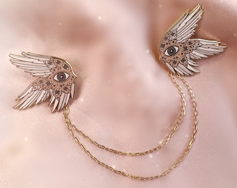 Angel Wing Enamel Pins - Collar Pins w/ Chain - Biblically Accurate Angel - Seraphim / Ophanim Angel Pins - Angelcore - Gold Collar Chain