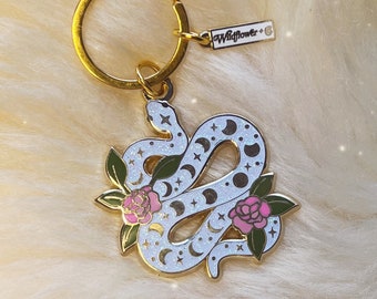Serpent Enamel Keychain, White Glitter - Key Ring - Bag Charm - Magical w. Moon Phases & Flowers - White Gold Hard Enamel Snake Keychain