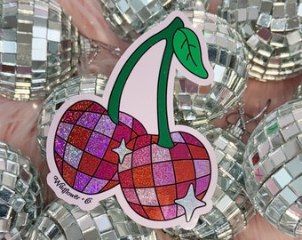 Cherries Disco Ball Glitter Sticker - Holographic Glitter Vinyl - Water Bottle Laptop Stickers - Gifts - Disco Stickers - Wildflower + Co