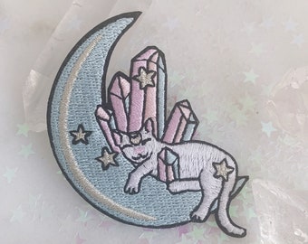 Lunar Cat in Moon Patch - Iron On Patch - Embroidered Patches for Jackets - Crystals Stars Cosmic Astrology - Wildflower + Co. DIY