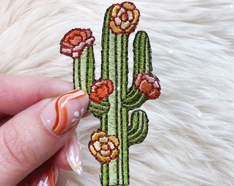 Saguaro Cactus Patch - Iron On Patch - Arizona Desert, Cactus Flower - Saguaro Blossoms, Nature, Embroidered Patches - Wildflower + Co.