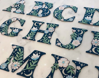 Botanical Letter Patches - Embroidered Applique Letters - Choose Your Letter or Initial! Flowers, Moon, & Stars Details!  Wildflower + Co.