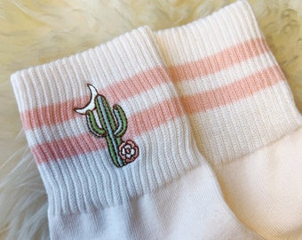 Cactus Socks - Embroidered Socks Womens Fun Socks - Cactus Plant Desert Moon - Gift for Friends - Cream Pink - Wildflower + Co.