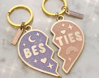 Best Friend Keychain - Besties S/2 Split Heart Keychains - Pink & Lilac Glitter Enamel - Best Friend Gift - Matching Keychains Bag Charms