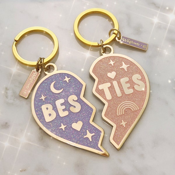 Best Friend Keychain - Besties S/2 Split Heart Keychains - Pink & Lilac Glitter Enamel - Best Friend Gift - Matching Keychains Bag Charms