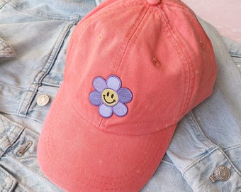 Smiley Daisy Baseball Hat - Choice of Color -  Retro Flower Patches - Kidcore - Smiley Face Baseball Cap - Wildflower + Co. Gift